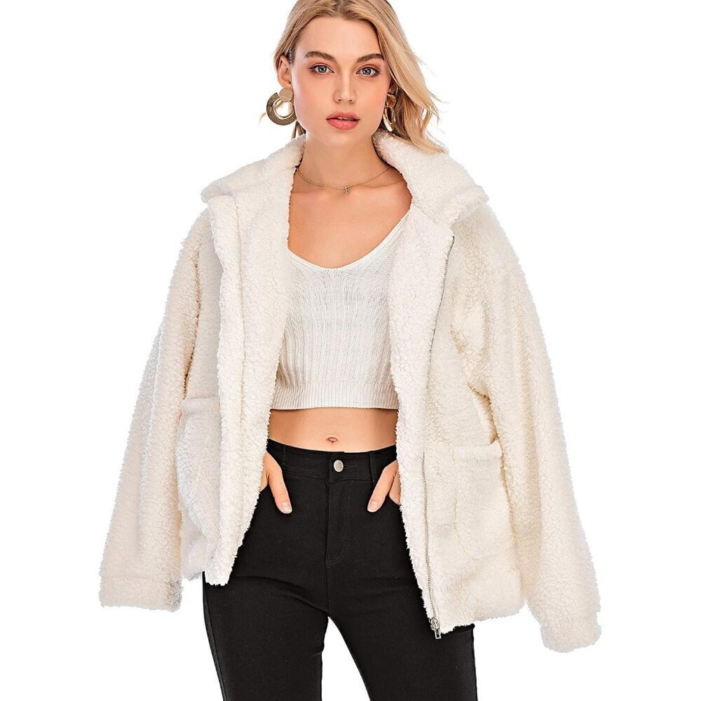 Women White Casual Fleece Faux Shearling Coat Lapel Zipper Warm Oversized Winter
